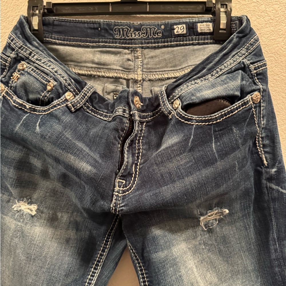 Miss Me Distressed Mid-Dark Blue Denim Jeans with Contrast Stitching